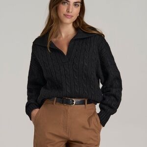 American Tall Johnny Collar Cable Knit Sweater for Tall Women in Black Size LL /